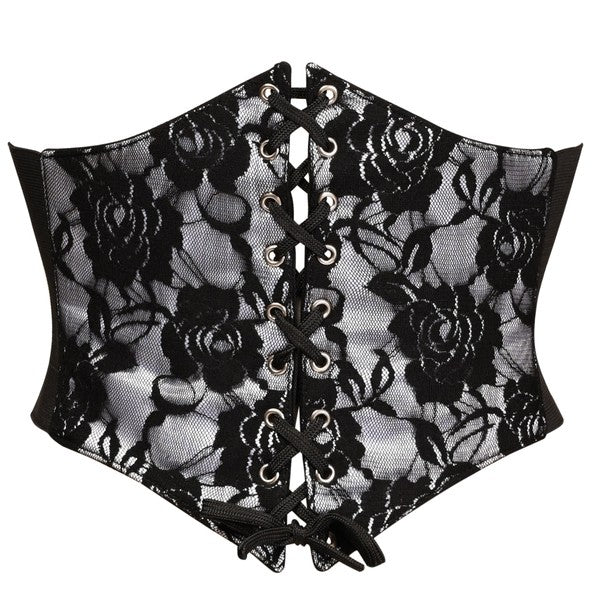 White w/Black Lace Overlay Corset Belt Cincher - Laced Array