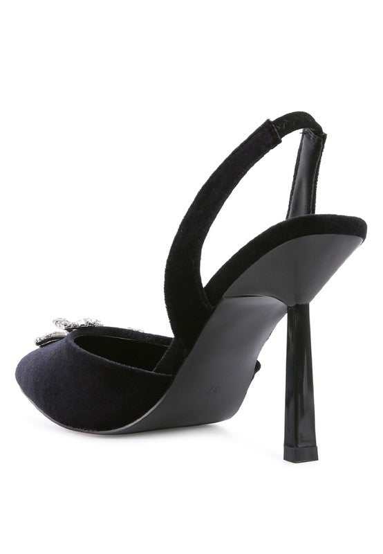 Firebird Velvet Diamante Heeled Slingback Mules - Laced Array